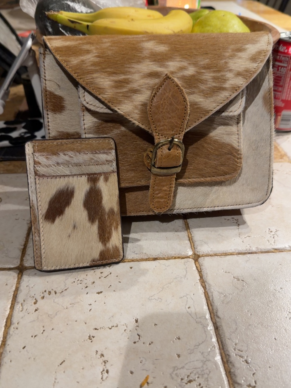 Cowhide Leather Crossbody Bag with Card Sleeve - Brown/White